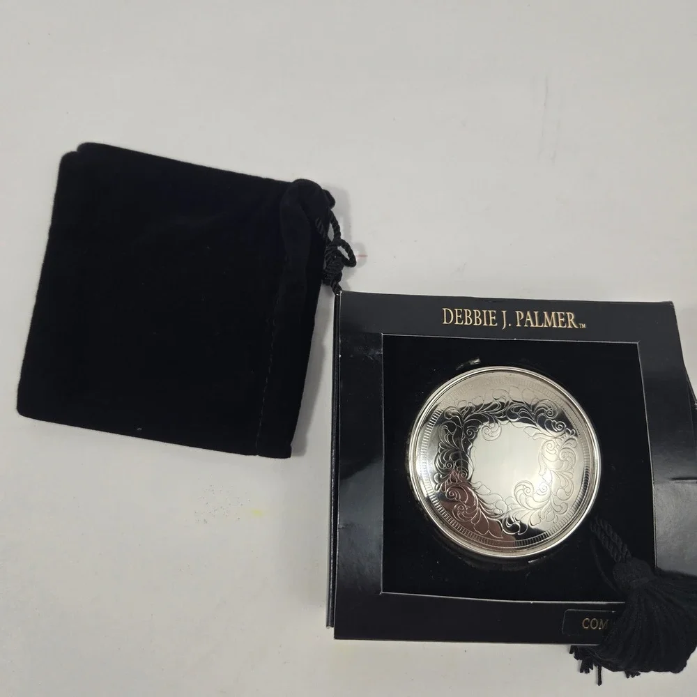 Debbie J Palmer Victorian Lace Silver Compact Mirror Box & Velvet Pouch
